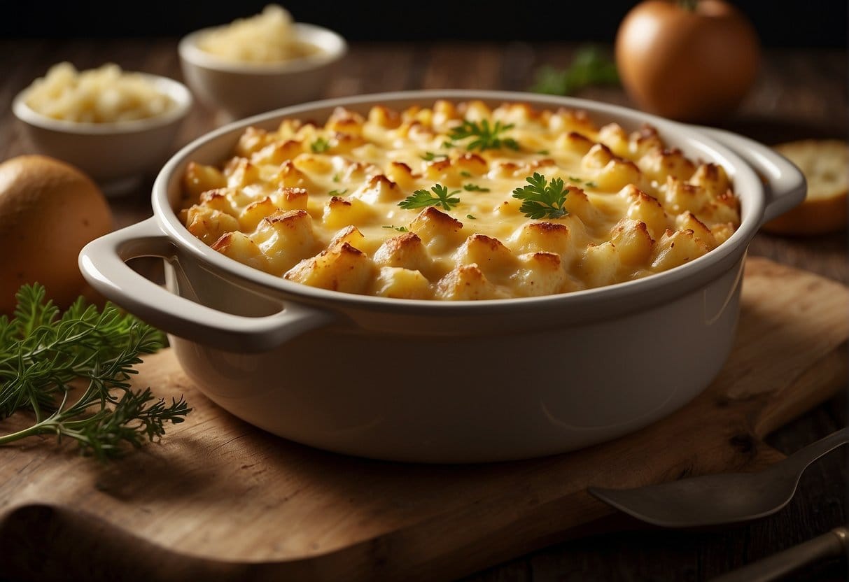 A casserole dish filled with creamy, cheesy potatoes, topped with a crispy golden-brown crust, sitting on a table surrounded by mourners