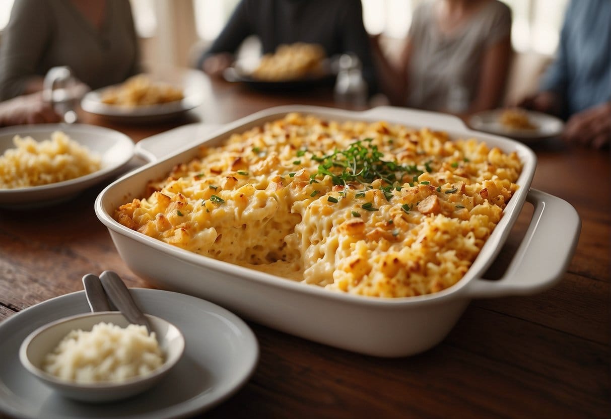 A table set with a casserole dish filled with creamy, cheesy funeral potatoes, surrounded by a group of people at a gathering